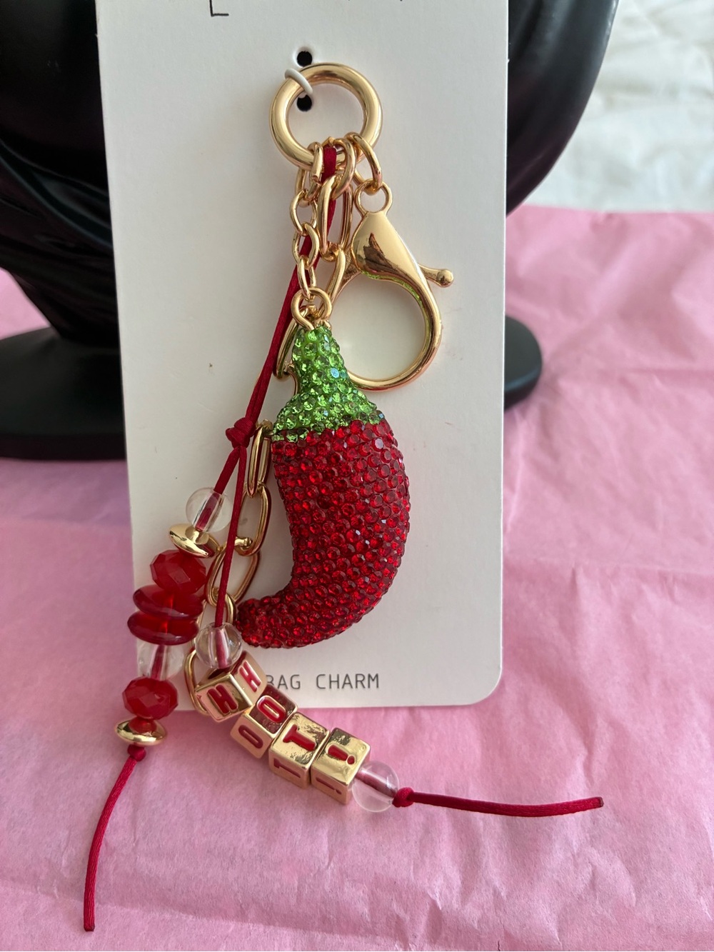 Leith Red and Green Crystal Chili Pepper Keychain with Gold Hardware